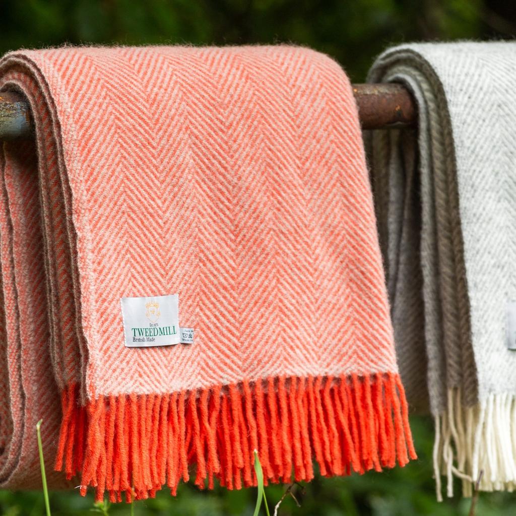 Tweedmill Flamingo and Pearl Herringbone Wool Throw Expertly Crafted from 100% Pure Wool