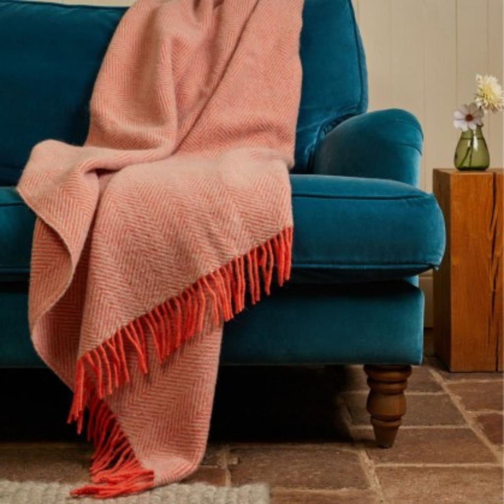 Tweedmill Flamingo and Pearl Herringbone Wool Throw Expertly Crafted from 100% Pure Wool