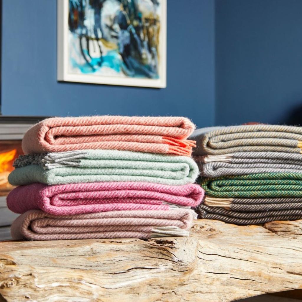 Tweedmill Flamingo and Pearl Herringbone Wool Throw Expertly Crafted from 100% Pure Wool
