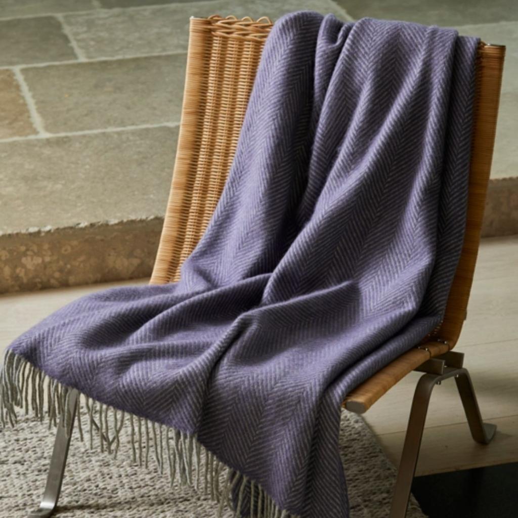 Tweedmill Lavender and Grey Herringbone Wool Throw Expertly Crafted from 100% Pure Wool