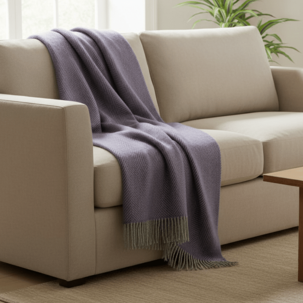 Tweedmill Lavender and Grey Herringbone Wool Throw Expertly Crafted from 100% Pure Wool