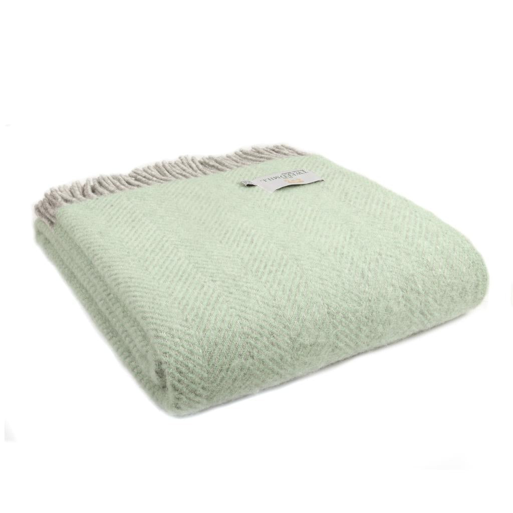 Tweedmill Silver Grey and Laurel Green Herringbone Wool Throw Expertly Crafted from 100% Pure Wool