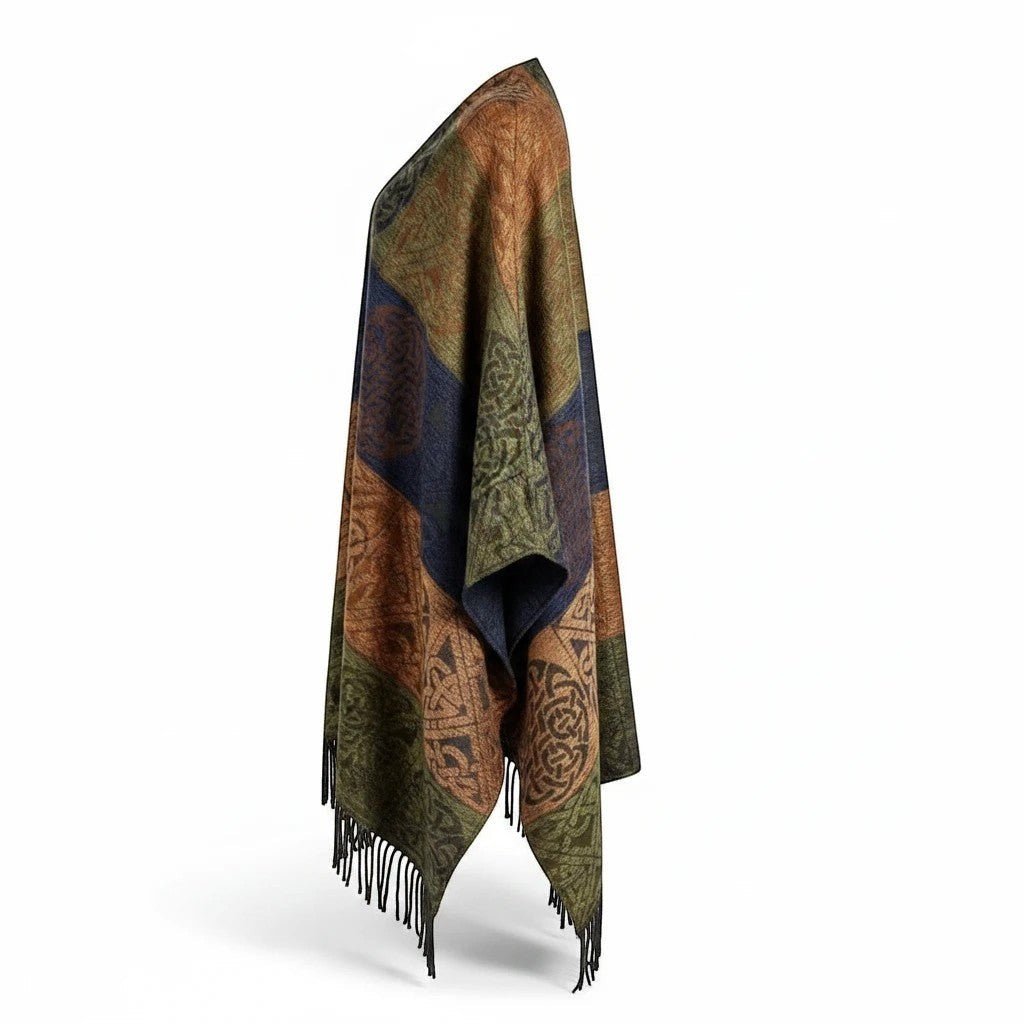 The Celtic Gift Store blue/green/brown chenille/wool blend ruana shawl with Celtic knot jacquard pattern and fringe.