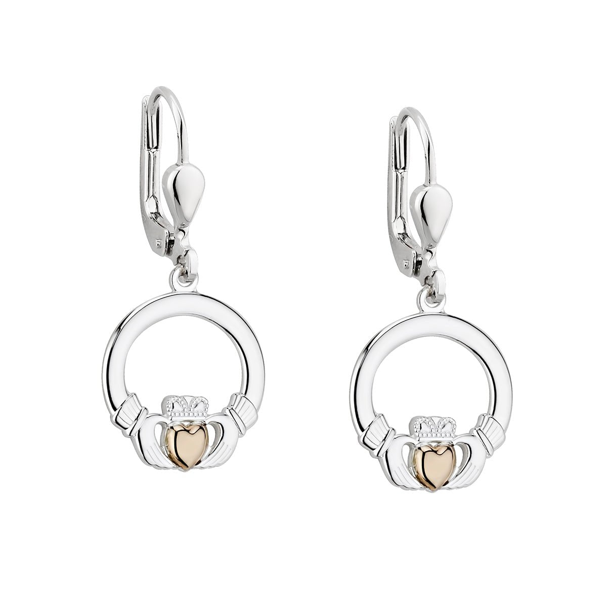 10K Gold and Sterling Silver Claddagh Drop Earrings - The Celtic Gift Store - Earrings