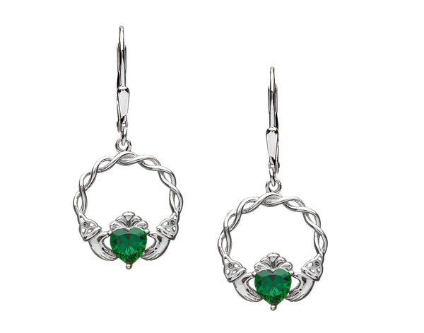 Sterling Silver Green CZ Claddagh Drop Earrings