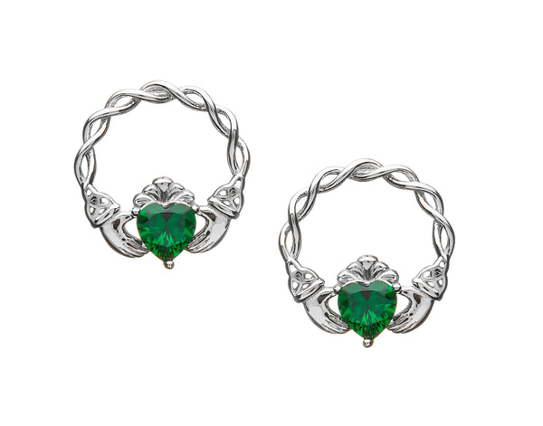 Sterling Silver Green CZ Claddagh Stud Earrings