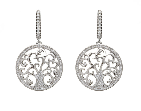 Sterling Silver Tree of Life Drop Earrings with CZ Stones