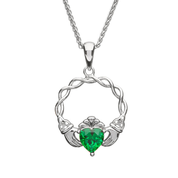 Sterling Silver Green CZ Claddagh Necklace