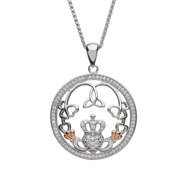 Sterling Silver Rose Gold Claddagh CZ Necklace