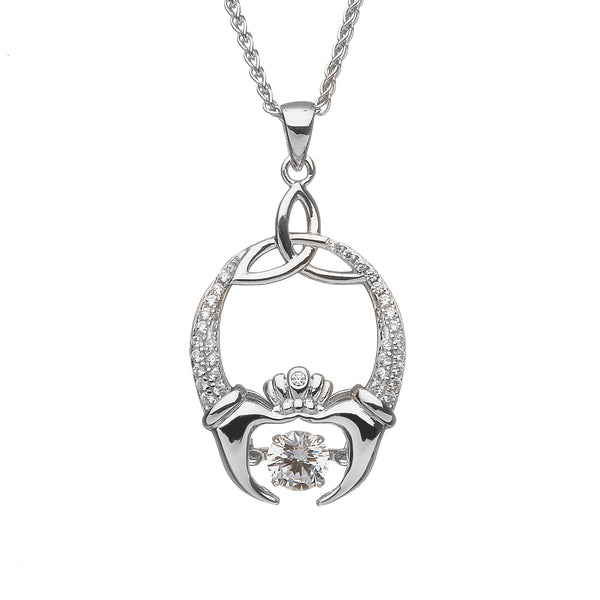 Sterling Silver Claddagh and Trinity Knot Dancing Stone Necklace