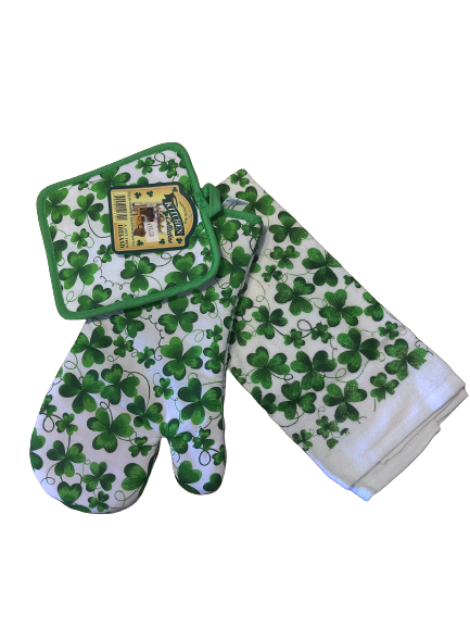 Connemara Kitchen Shamrock Style Tea Towel, Oven Glove, and Pot Holder Set