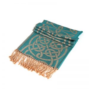 Double Sided Celtic Knot Scarf- Aqua/Gold