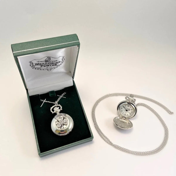 Mullingar Pewter Shamrock Pocket Watch Necklace