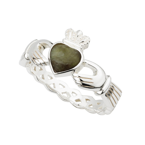 Sterling Silver and Connemara Marble Woven Claddagh Ring