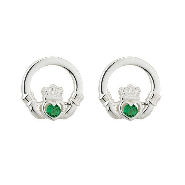 Sterling Silver Claddagh Stud Earrings with Green Crystals