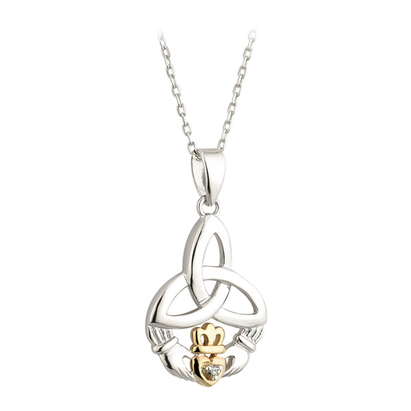 10K Gold and Sterling Silver Diamond Trinity Knot Claddagh Necklace