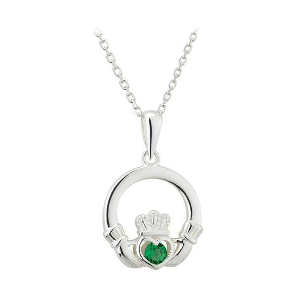 Sterling Silver Claddagh Necklace with Green Stone