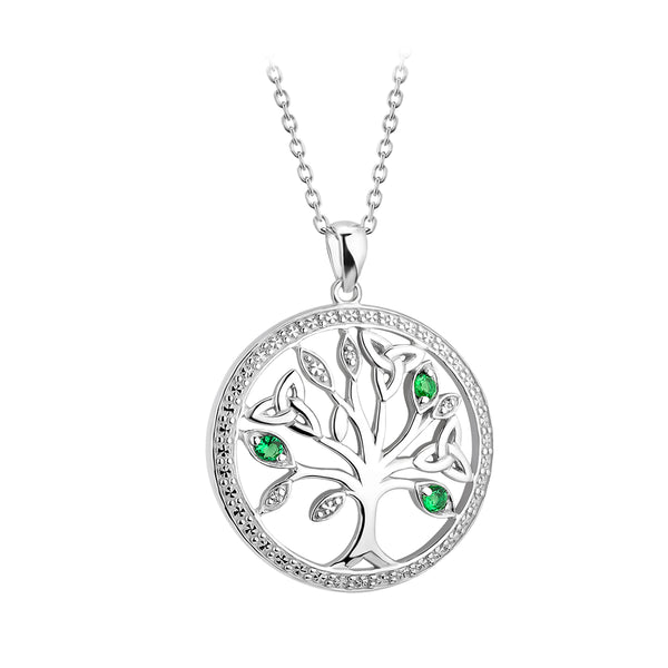 Sterling Silver Green Crystal and CZ Illusion Tree of Life Necklace