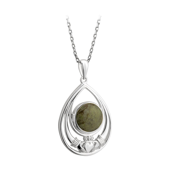 Connemara Marble and Sterling Silver Tear Drop Claddagh Necklace