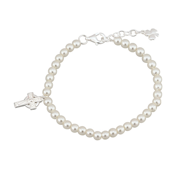 Kid's Rhodium Plated Celtic Cross Pearl Bracelet