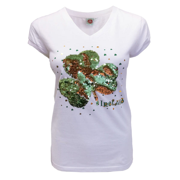 White Shamrock 2 Way Sequin Ladies T-Shirt