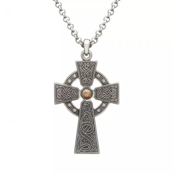 Antiqued Silver & Rose Gold Bead Cross Celtic Warrior - Large - The Celtic Gift Store - Necklaces