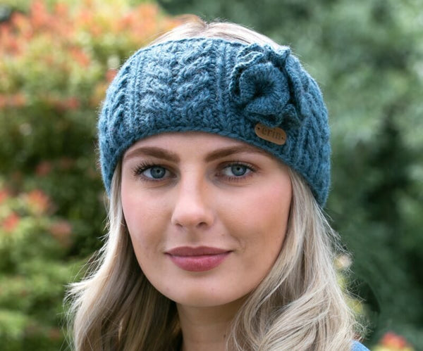 Aran Cable Knitted Wool Headband with Flower - Denim Blue - The Celtic Gift Store - Clothing Accessories
