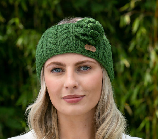 Aran Cable Knitted Wool Headband with Flower - Green - The Celtic Gift Store - Clothing Accessories