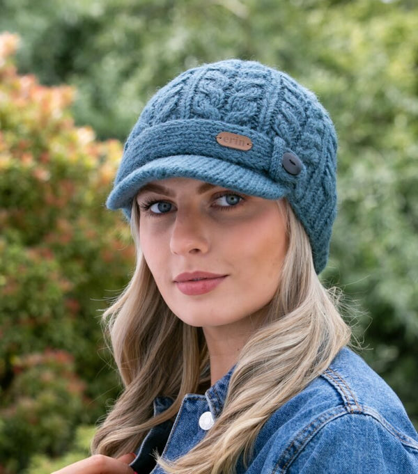 Aran Cable Peak Hat - Denim Blue - The Celtic Gift Store - Clothing Accessories