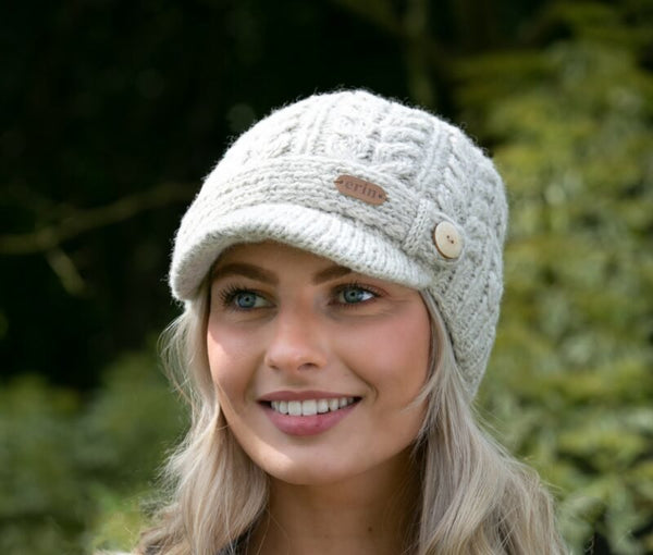 Aran Cable Peak Hat - Oatmeal - The Celtic Gift Store - Clothing Accessories