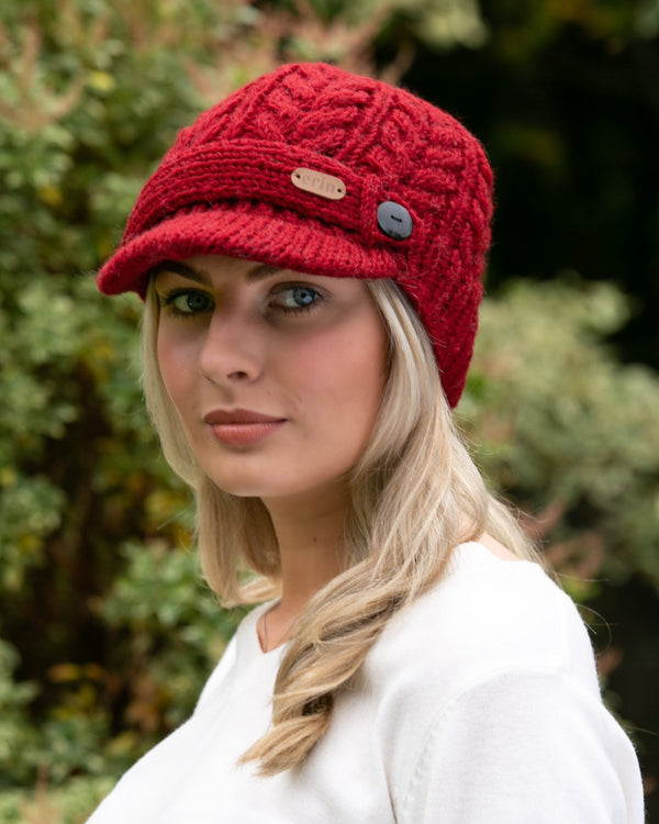 Aran Cable Peak Hat - Red - The Celtic Gift Store - Clothing Accessories