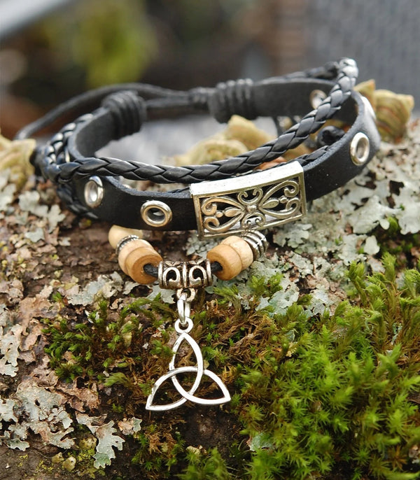 Black Leather Bracelet with Celtic Trinity Knot - The Celtic Gift Store - bracelets