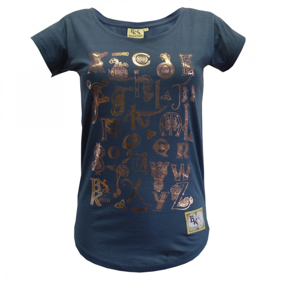 Book Of Kells Foil Celtic Knot Alphabet Ladies T-Shirt - The Celtic Gift Store - Clothing