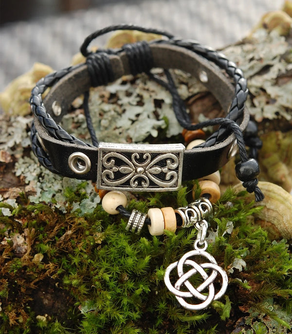 Black Leather Bracelet with Round Celtic Lugh Knot