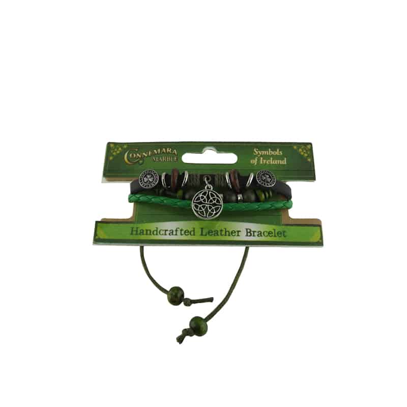 Connemara Marble Round Celtic Knot Leather Charm Bracelet - The Celtic Gift Store - bracelets