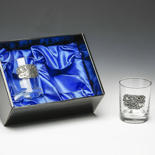 Drinks Tumbler Glass Set of 2 with pewter emblem - Celtic Design - The Celtic Gift Store - 