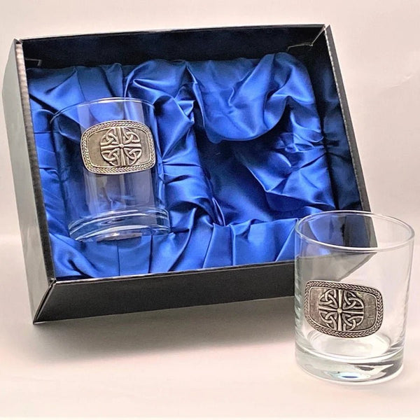 Drinks Tumbler Glass Set of 2 with pewter emblem - Celtic Knot - The Celtic Gift Store - Drinkware