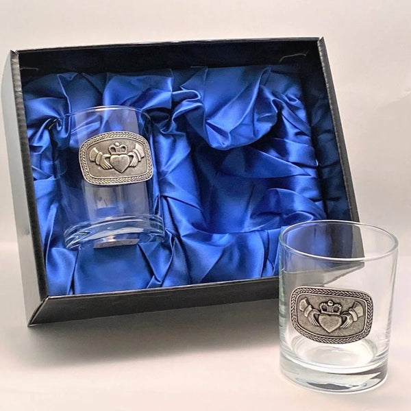 Drinks Tumbler Glass Set of 2 with pewter emblem - Claddagh - The Celtic Gift Store - Drinkware