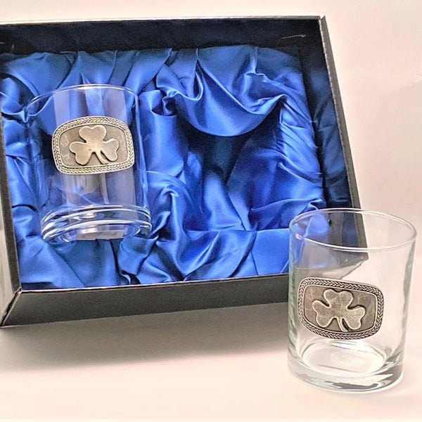 Drinks Tumbler Glass Set of 2 with pewter emblem - Shamrock - The Celtic Gift Store - Drinkware