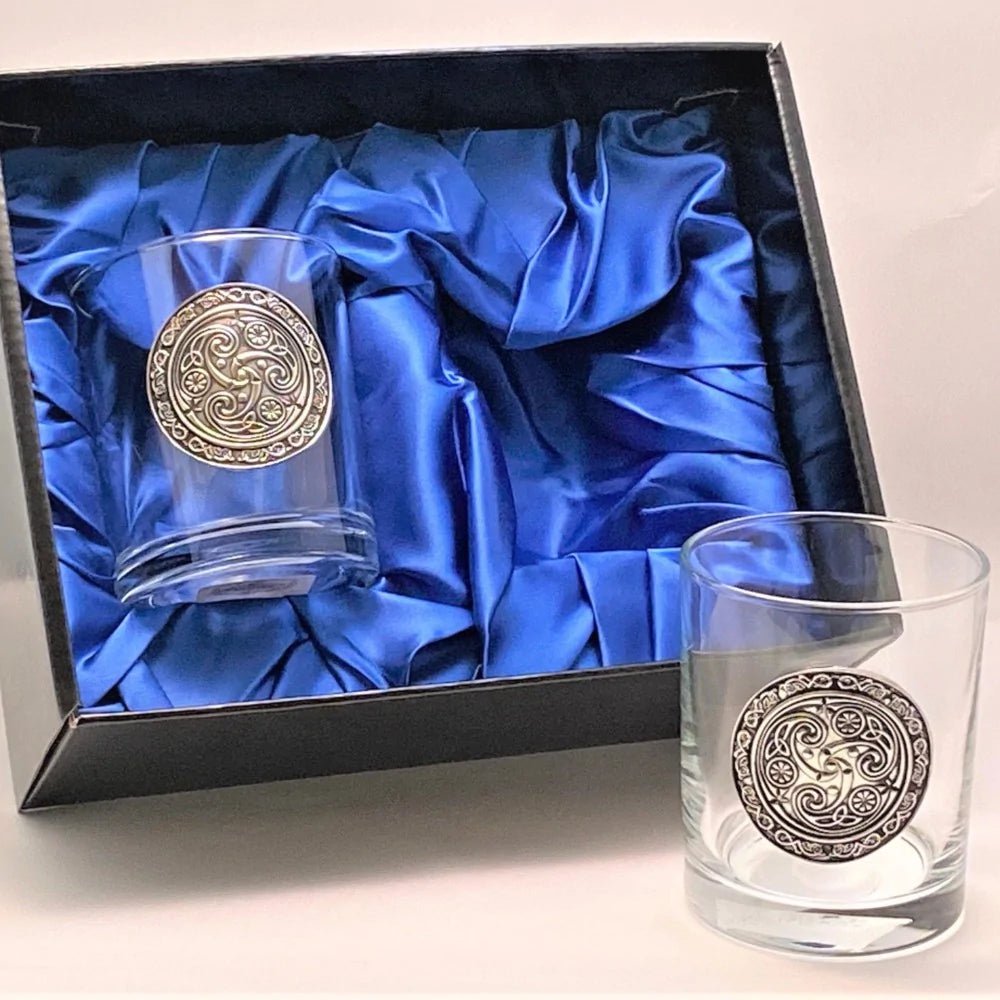 Drinks Tumbler Glass Set of 2 with pewter emblem - Spiral - The Celtic Gift Store - Drinkware