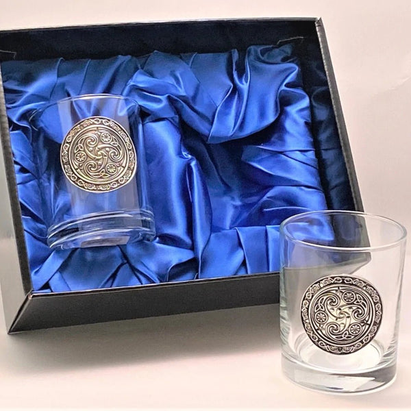 Drinks Tumbler Glass Set of 2 with pewter emblem - Spiral - The Celtic Gift Store - Drinkware