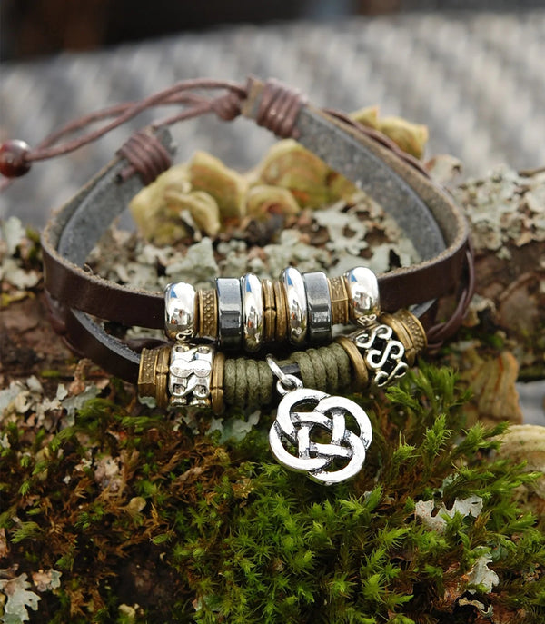 Espresso Leather Bracelet with Round Celtic Lughs Knot - The Celtic Gift Store - bracelets