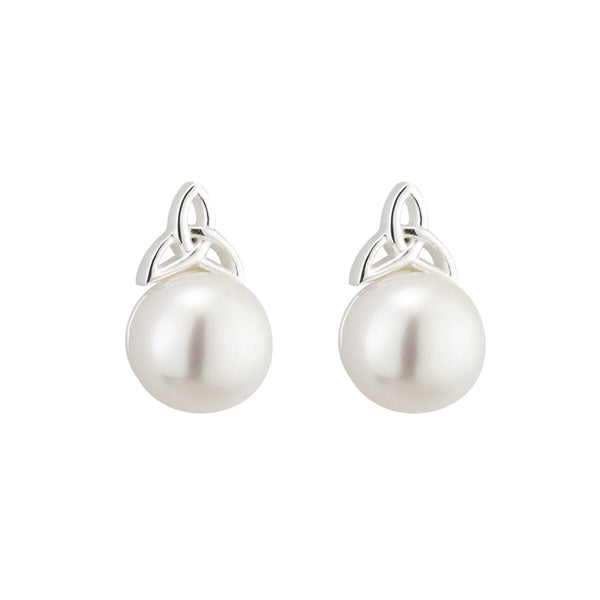 Freshwater Pearl Sterling Silver Trinity Knot Topped Earrings - The Celtic Gift Store - Earrings