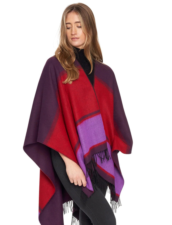 Fringed Shawl with Colour Panels - Red/Purple - The Celtic Gift Store - Scarves & Shawls