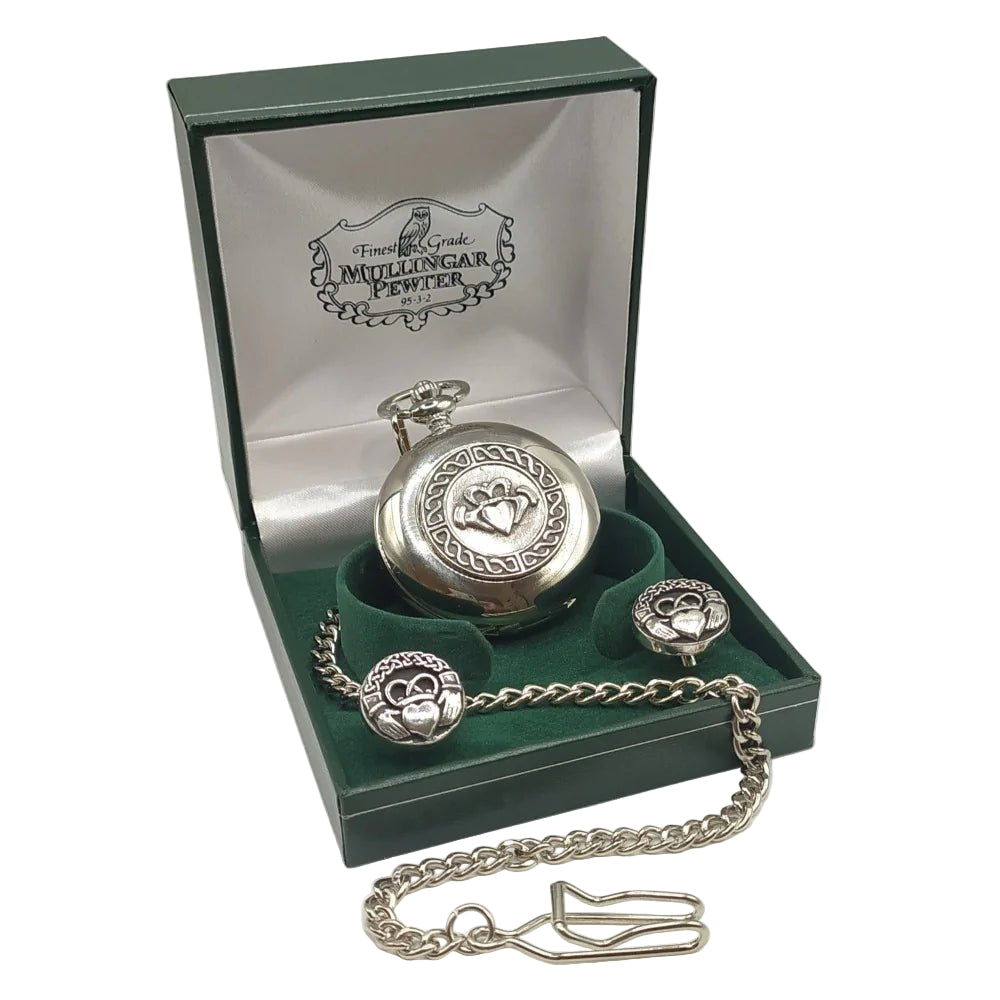Gents Pewter Quartz Pocket Watch & Cufflinks set - Claddagh - The Celtic Gift Store - Jewelry