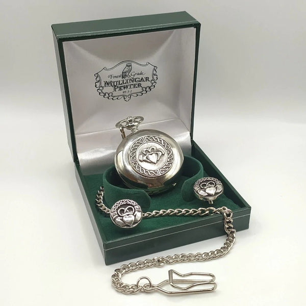 Gents Pewter Quartz Pocket Watch & Cufflinks set - Claddagh - The Celtic Gift Store - Jewelry