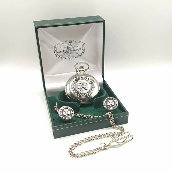 Gents Pewter Quartz Pocket Watch & Cufflinks set - Shamrock - The Celtic Gift Store - Jewelry