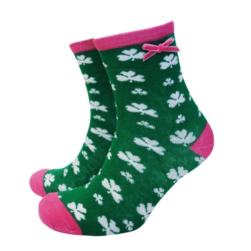 Green/Pink Ladies Bow Shamrock Socks - The Celtic Gift Store - 