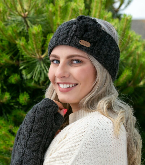 Aran Cable Knitted Wool Headband with Flower-Charcoal