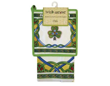 Irish Symbols Tea Towel & Shamrock Pot Holder - Irish Weave - The Celtic Gift Store - Tableware
